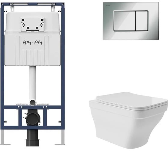 Комплект AM.PM MasterFit инсталляция для подвесного унитаза с клавишей ProC S, хром глянц + Унитаз подвесной 520*370 безободковый, сиденье Soft-Close, белый глянцевый, форма квадрат с выступом I012710.0251E0110 1