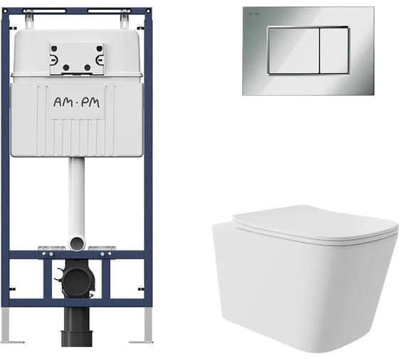 Комплект AM.PM MasterFit инсталляция для подвесного унитаза с клавишей ProC S, хром глянц + Унитаз подвесной Long 525*345 безободковый, Vortex, сиденье Soft-Close, белый матовый, форма квадрат I012710.0251QV0220 1