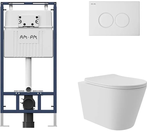 Комплект AM.PM MasterFit инсталляция для подвесного унитаза с клавишей ProC L, бел глянц + Унитаз подвесной Long 520*365 безободковый, Vortex, сиденье Soft-Close, белый матовый, форма конус I012710.0101CV0220 1