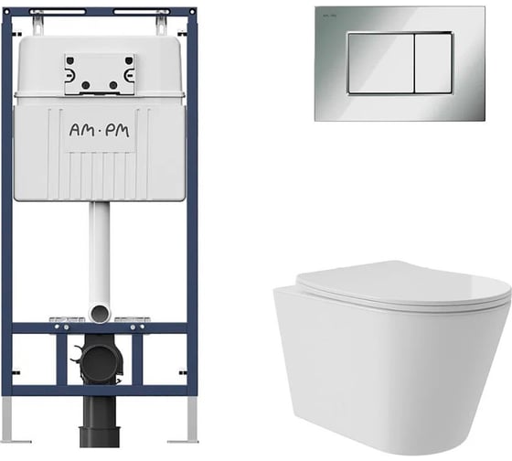 Комплект AM.PM MasterFit инсталляция для подвесного унитаза с клавишей ProC S, хром глянц + Унитаз подвесной Long 520*365 безободковый, Vortex, сиденье Soft-Close, белый глянцевый, форма конус I012710.0251CV0210 1