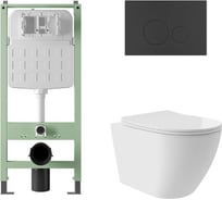 Комплект Alentori Инсталляция SITEMA, Панель смыва с круглыми кнопками, черный матовый + Унитаз подвесной Long 520*365 безободковый, Vortex, сиденье Soft-Close, белый глянцевый, форма овал ALS.SIS1101.MBOV0210