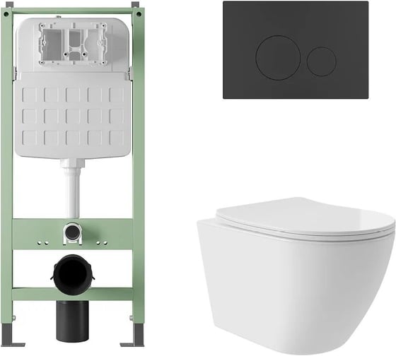 Комплект Alentori Инсталляция SITEMA, Панель смыва с круглыми кнопками, черный матовый + Унитаз подвесной Long 520*365 безободковый, Vortex, сиденье Soft-Close, белый глянцевый, форма овал ALS.SIS1101.MBOV0210 1