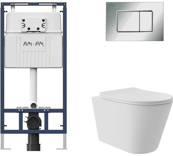 Комплект AM.PM MasterFit инсталляция для подвесного унитаза с клавишей ProC S, хром глянц + Унитаз подвесной Long 520*365 безободковый, Vortex, сиденье Soft-Close, белый матовый, форма конус I012710.0251CV0220 1