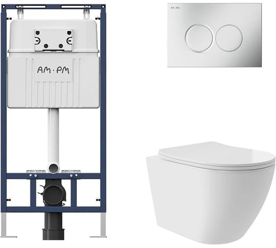 Комплект AM.PM MasterFit инсталляция для подвесного унитаза с клавишей ProC L, мат.хром + Унитаз подвесной Long 520*365 безободковый, Vortex, сиденье Soft-Close, белый глянцевый, форма овал I012710.0131OV0210 1