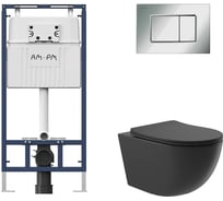 Комплект MasterFit инсталляция для подвесного унитаза с клавишей ProC S, хром глянц + Унитаз подвесной 525х360 безободковый, сиденье Soft-Close, черный матовый, форма овал AM.PM I012710.0251O0140