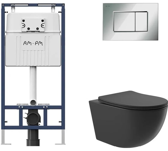 Комплект AM.PM MasterFit инсталляция для подвесного унитаза с клавишей ProC S, хром глянц + Унитаз подвесной 525*360 безободковый, сиденье Soft-Close, черный матовый, форма овал I012710.0251O0140 1