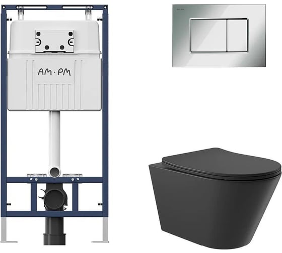 Комплект AM.PM MasterFit инсталляция для подвесного унитаза с клавишей ProC S, хром глянц + Унитаз подвесной 525*360 безободковый, сиденье Soft-Close, черный матовый, форма конус I012710.0251C0140 1