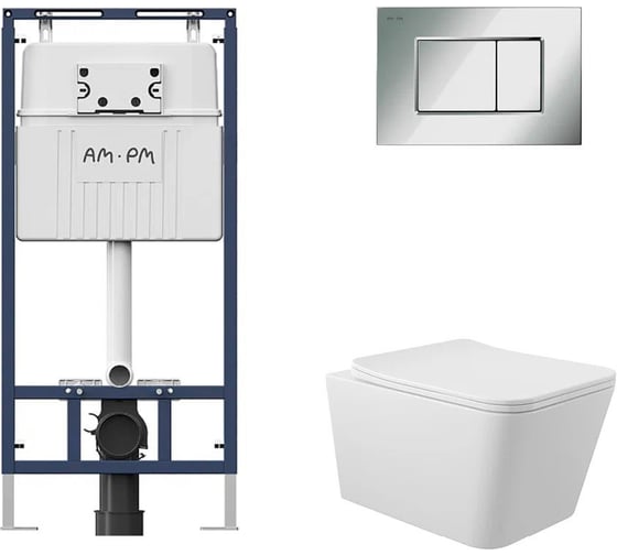 Комплект AM.PM MasterFit инсталляция для подвесного унитаза с клавишей ProC S, хром глянц + Унитаз подвесной 520*370 безободковый, сиденье Soft-Close, белый глянцевый, форма квадрат I012710.0251Q0110 1