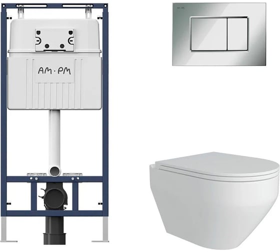 Комплект AM.PM инсталляция для подвесного унитаза с клавишей ProC S, хром глянц + FLUIRE 208 Унитаз подвесной безободковый, быстросъёмное сиденье с микролифтом, белый глян. I012710.0251AL.FLU40208.W 1