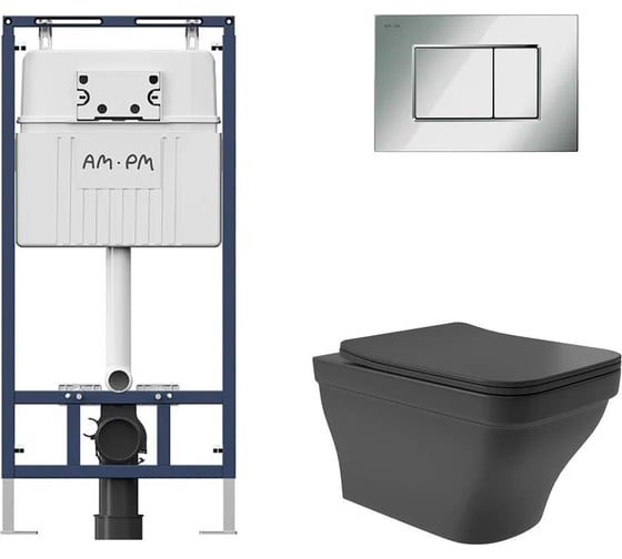 Комплект AM.PM MasterFit инсталляция для подвесного унитаза с клавишей ProC S, хром глянц + Унитаз подвесной 520*370 безободковый, сиденье Soft-Close, черный матовый, форма квадрат с выступом I012710.0251E0140 1