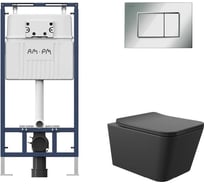 Комплект AM.PM MasterFit инсталляция для подвесного унитаза с клавишей ProC S, хром глянц + Унитаз подвесной 520*370 безободковый, сиденье Soft-Close, черный матовый, форма квадрат I012710.0251Q0140