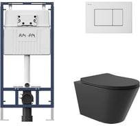 Комплект MasterFit инсталляция для подвесного унитаза с клавишей ProC S, бел глянц + Унитаз подвесной 525х360 безободковый, сиденье Soft-Close, черный матовый, форма конус AM.PM I012710.0201C0140