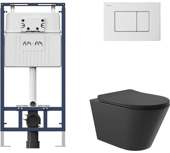 Комплект AM.PM MasterFit инсталляция для подвесного унитаза с клавишей ProC S, бел глянц + Унитаз подвесной 525*360 безободковый, сиденье Soft-Close, черный матовый, форма конус I012710.0201C0140 1