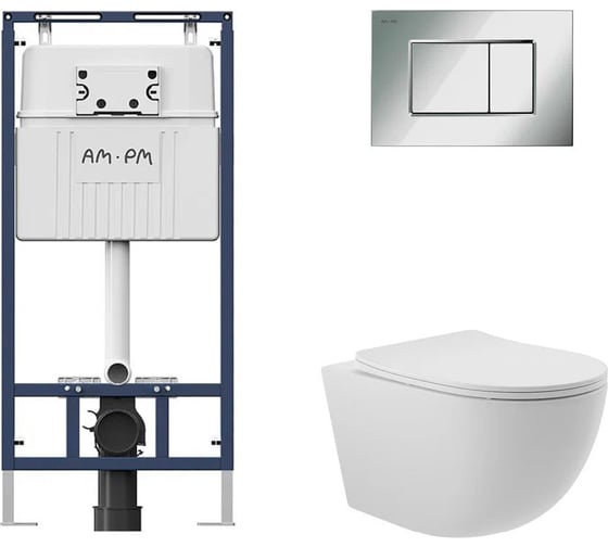 Комплект AM.PM MasterFit инсталляция для подвесного унитаза с клавишей ProC S, хром глянц + Унитаз подвесной 525*360 безободковый, сиденье Soft-Close, белый матовый, форма овал I012710.0251O0120 1