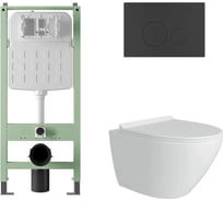 Комплект Alentori Инсталляция SITEMA, Панель смыва с круглыми кнопками, черный матовый + FLUIRE Унитаз подвесной безободковый, быстросъёмное сиденье с микролифтом, белый глян. ALS.SIS1101.MBAL.FLU40106.W