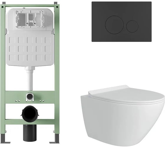 Комплект Alentori Инсталляция SITEMA, Панель смыва с круглыми кнопками, черный матовый + FLUIRE Унитаз подвесной безободковый, быстросъёмное сиденье с микролифтом, белый глян. ALS.SIS1101.MBAL.FLU40106.W 1