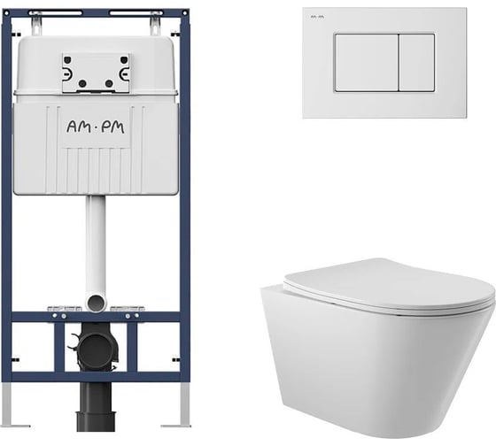 Комплект AM.PM MasterFit инсталляция для подвесного унитаза с клавишей ProC S, бел глянц + Унитаз подвесной 525*360 безободковый, сиденье Soft-Close, белый глянцевый, форма конус I012710.0201C0110 1