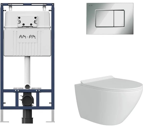 Комплект AM.PM инсталляция для подвесного унитаза с клавишей ProC S, хром глянц + FLUIRE Унитаз подвесной безободковый, быстросъёмное сиденье с микролифтом, белый глян. I012710.0251AL.FLU40106.W 1