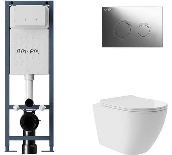 Комплект AM.PM I012711.0151 ErgoFit инсталляция для подвес унитаза с клавишей ErgoFit L пластик, хром глянц + Унитаз подвесной Long 520*365 безободковый, Vortex, сиденье Soft-Close, белый глянцевый, форма овал I012711.0151OV0210 1