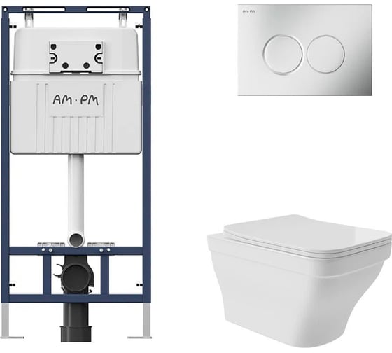 Комплект AM.PM MasterFit инсталляция для подвесного унитаза с клавишей ProC L, мат.хром + Унитаз подвесной 520*370 безободковый, сиденье Soft-Close, белый глянцевый, форма квадрат с выступом I012710.0131E0110 1