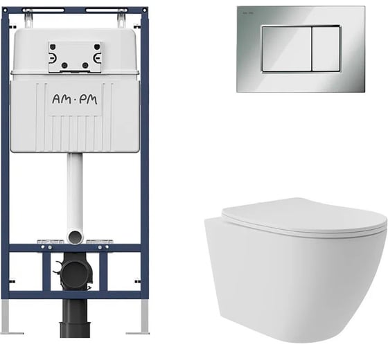 Комплект AM.PM MasterFit инсталляция для подвесного унитаза с клавишей ProC S, хром глянц + Унитаз подвесной Long 520*365 безободковый, Vortex, сиденье Soft-Close, белый матовый, форма овал I012710.0251OV0220 1