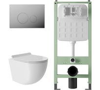 Комплект Alentori Инсталляция  SITEMA, Панель смыва с круглыми кнопками, хром + Унитаз подвесной 480*360 безободковый, Vortex, сиденье Soft-Close, белый глянцевый, форма овал ALS.SIS1101.CROV0110