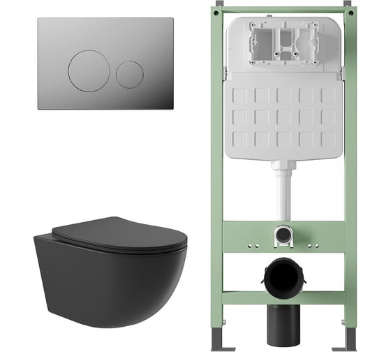 Комплект Alentori Инсталляция SITEMA, Панель смыва с круглыми кнопками, хром + Унитаз подвесной 525*360 безободковый, сиденье Soft-Close, черный матовый, форма овал ALS.SIS1101.CRO0140 1