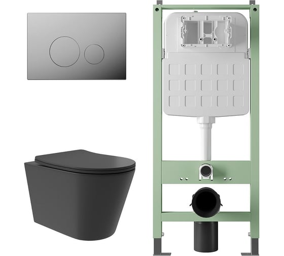 Комплект Alentori Инсталляция  SITEMA, Панель смыва с круглыми кнопками, хром + Унитаз подвесной Long 520*365 безободковый, Vortex, сиденье Soft-Close, черный матовый, форма конус ALS.SIS1101.CRCV0240 1