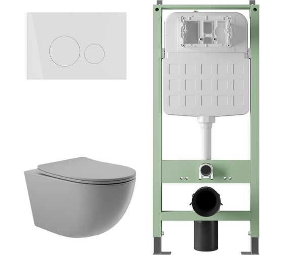Комплект Alentori Инсталляция SITEMA, Панель смыва с круглыми кнопками, белый матовый + Унитаз подвесной 525*360 безободковый, сиденье Soft-Close, серый матовый, форма овал ALS.SIS1101.WHO0130 1