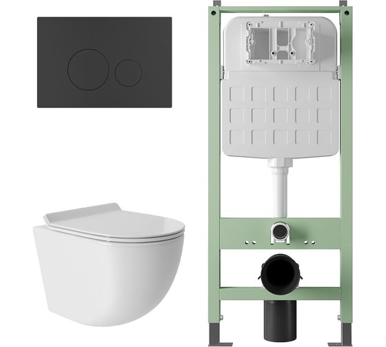 Комплект Alentori Инсталляция  SITEMA, Панель смыва с круглыми кнопками, черный матовый + Унитаз подвесной 480*360 безободковый, Vortex, сиденье Soft-Close, белый глянцевый, форма овал ALS.SIS1101.MBOV0110 1