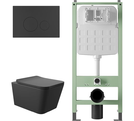 Комплект Alentori Инсталляция SITEMA, Панель смыва с круглыми кнопками, черный матовый + Унитаз подвесной 520*370 безободковый, сиденье Soft-Close, черный матовый, форма квадрат ALS.SIS1101.MBQ0140 1