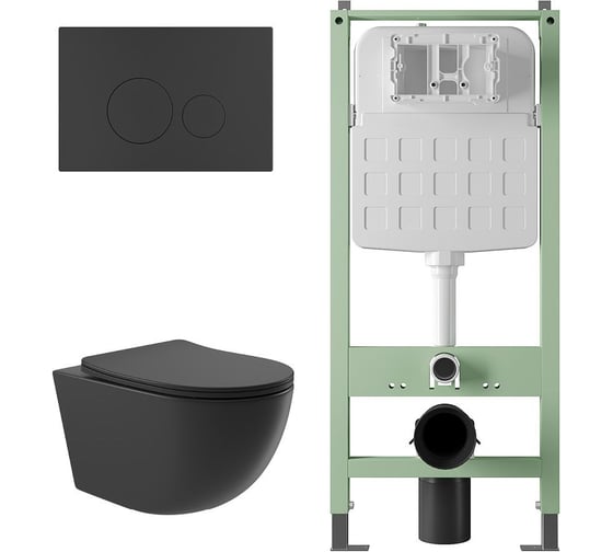 Комплект Alentori Инсталляция  SITEMA, Панель смыва с круглыми кнопками, черный матовый + Унитаз подвесной 525*360 безободковый, сиденье Soft-Close, черный матовый, форма овал ALS.SIS1101.MBO0140 1
