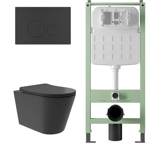 Комплект Alentori Инсталляция  SITEMA, Панель смыва с круглыми кнопками, черный матовый + Унитаз подвесной Long 520*365 безободковый, Vortex, сиденье Soft-Close, черный матовый, форма конус ALS.SIS1101.MBCV0240 1
