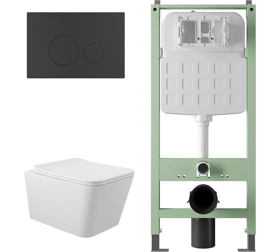 Комплект Alentori Инсталляция  SITEMA, Панель смыва с круглыми кнопками, черный матовый + Унитаз подвесной 520*370 безободковый, сиденье Soft-Close, белый матовый, форма квадрат ALS.SIS1101.MBQ0120 1