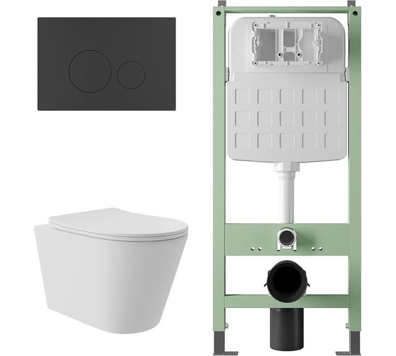 Комплект Alentori Инсталляция  SITEMA, Панель смыва с круглыми кнопками, черный матовый + Унитаз подвесной Long 520*365 безободковый, Vortex, сиденье Soft-Close, белый матовый, форма конус ALS.SIS1101.MBCV0220 1
