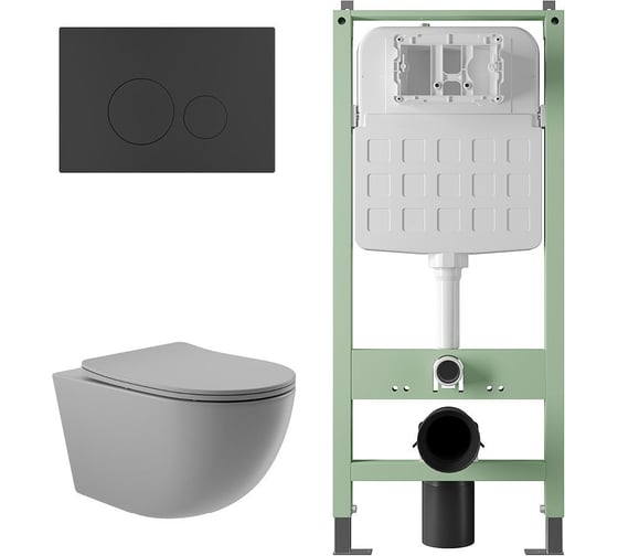 Комплект Alentori Инсталляция SITEMA, Панель смыва с круглыми кнопками, черный матовый + Унитаз подвесной 525*360 безободковый, сиденье Soft-Close, серый матовый, форма овал ALS.SIS1101.MBO0130 1