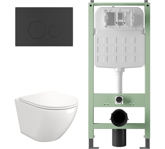 Комплект Alentori Инсталляция  SITEMA, Панель смыва с круглыми кнопками, черный матовый +  FLUIRE 110 Vortex Унитаз подвесной безободковый, быстросъёмное сиденье с микролифтом, белый глян. ALS.SIS1101.MBAL.FLU40110.V.W 1
