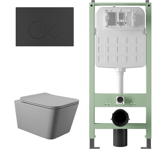 Комплект Alentori Инсталляция SITEMA, Панель смыва с круглыми кнопками, черный матовый + Унитаз подвесной 520*370 безободковый, сиденье Soft-Close, серый матовый, форма квадрат ALS.SIS1101.MBQ0130 1