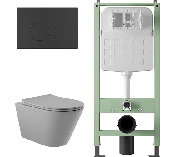 Комплект Alentori Инсталляция  SITEMA, Панель смыва с круглыми кнопками, черный матовый + Унитаз подвесной 525*360 безободковый, сиденье Soft-Close, серый матовый, форма конус ALS.SIS1101.MBC0130 1
