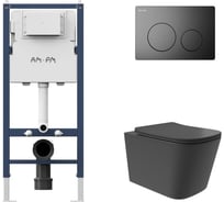 Комплект PrimeFit инсталляция для подвесного унитаза с клавишей PrimeFit L, мат.черный + Унитаз подвесной Long 525х345 безободковый, Vortex, сиденье Soft-Close, черный матовый, форма квадрат AM.PM I012709.0138QV0240