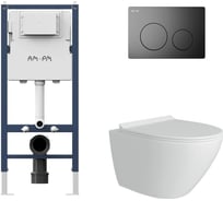 Комплект AM.PM  I012709.0138 PrimeFit инсталляция для подвесного унитаза с клавишей PrimeFit L, мат.черный + FLUIRE Унитаз подвесной безободковый, быстросъёмное сиденье с микролифтом, белый глян. I012709.0138AL.FLU40106.W