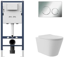 Комплект PrimeFit инсталляция для подвесного унитаза с клавишей PrimeFit L, хром глянц + Унитаз подвесной Long 520х365 безободковый, Vortex, сиденье Soft-Close, белый матовый, форма конус AM.PM I012709.0151CV0220