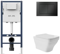 Комплект PrimeFit инсталляция для подвесного унитаза с клавишей PrimeFit S, мат.черный + Унитаз подвесной 520х370 безободковый, сиденье Soft-Close, белый глянцевый, форма квадрат с выступом AM.PM I012709.0238E0110