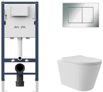 Комплект PrimeFit инсталляция для подвесного унитаза с клавишей PrimeFit S, хром глянц + Унитаз подвесной Long 520х365 безободковый, Vortex, сиденье Soft-Close, белый матовый, форма конус AM.PM I012709.0251CV0220