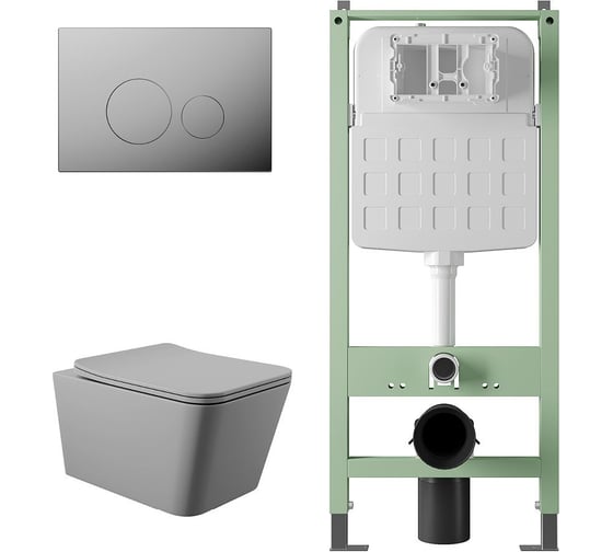 Комплект Alentori Инсталляция SITEMA, Панель смыва с круглыми кнопками, хром + Унитаз подвесной 520*370 безободковый, сиденье Soft-Close, серый матовый, форма квадрат ALS.SIS1101.CRQ0130 1