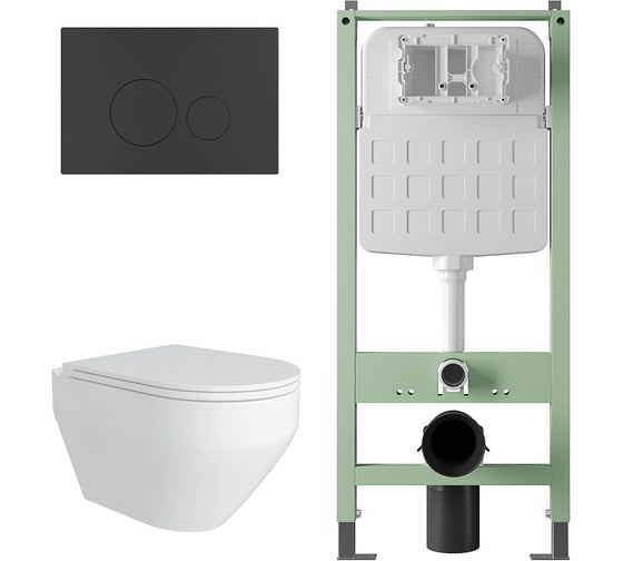 Комплект Alentori Инсталляция SITEMA, Панель смыва с круглыми кнопками, черный матовый + FLUIRE 208 Унитаз подвесной безободковый, быстросъёмное сиденье с микролифтом, белый глян. ALS.SIS1101.MBAL.FLU40208.W 1