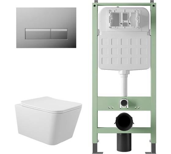 Комплект Alentori Инсталляция SITEMA, Панель смыва с прямоугольными кнопками, хром + Унитаз подвесной 520*370 безободковый, сиденье Soft-Close, белый матовый, форма квадрат ALS.SIS1102.CRQ0120 1