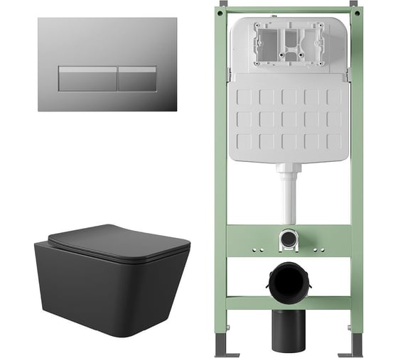 Комплект Alentori Инсталляция SITEMA, Панель смыва с прямоугольными кнопками, хром + Унитаз подвесной 520*370 безободковый, сиденье Soft-Close, черный матовый, форма квадрат ALS.SIS1102.CRQ0140 1