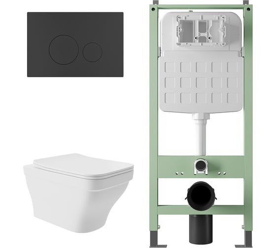 Комплект Alentori Инсталляция SITEMA, Панель смыва с круглыми кнопками, черный матовый + Унитаз подвесной 520*370 безободковый, сиденье Soft-Close, белый матовый, форма квадрат с выступом ALS.SIS1101.MBE0120 1
