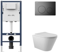 Комплект AM.PM I012709.0138 PrimeFit инсталляция для подвесного унитаза с клавишей PrimeFit L, мат.черный + Унитаз подвесной 525*360 безободковый, сиденье Soft-Close, белый матовый, форма конус I012709.0138C0120